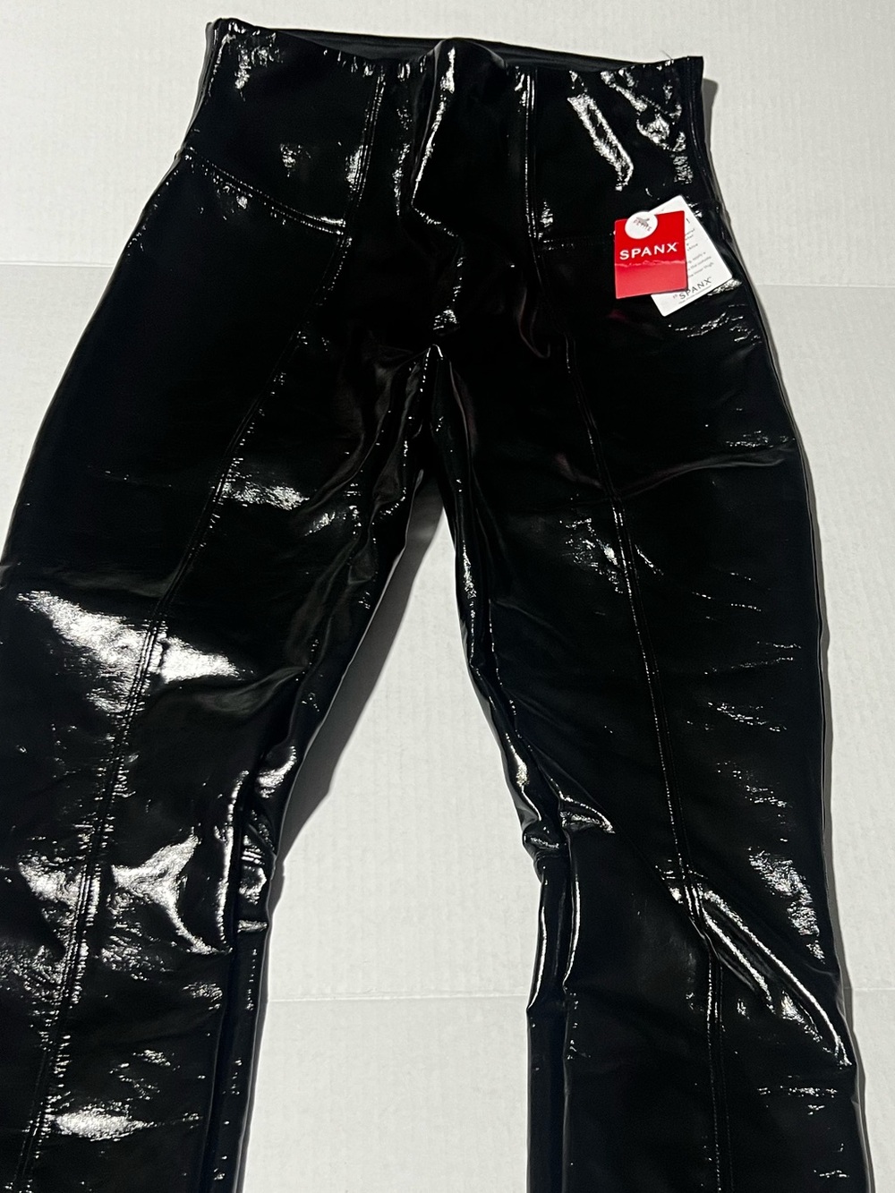 SPANX Glossy Black Faux Leather Leggings with Red Tag